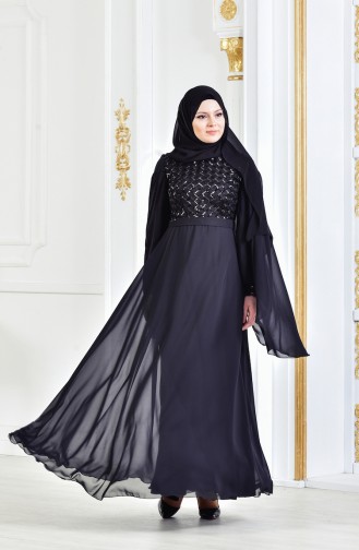Sequined Belted Evening Dress 3293-03 Black 3293-03