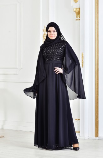 Robe de Soirée a Paillette et Ceinture 3293-03 Noir 3293-03