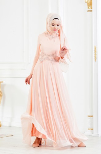Salmon Hijab Evening Dress 6131-06