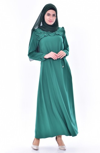 فستان مُزين بتفاصيل من اللؤلؤ3032-06 لون أخضر زمردي 3032-06