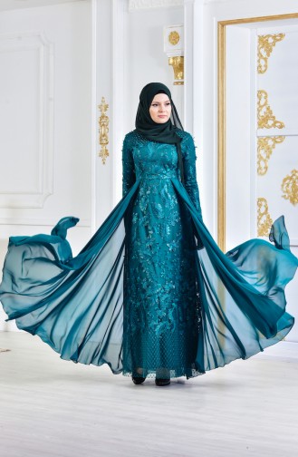 Emerald Green Hijab Evening Dress 8134-03