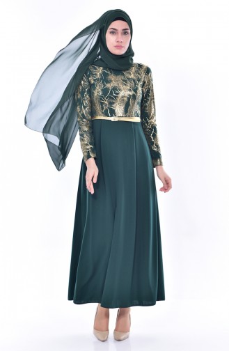 فستان بتصميم حزام للخصر 4464-01 لون اخضر زُمردي 4464-01