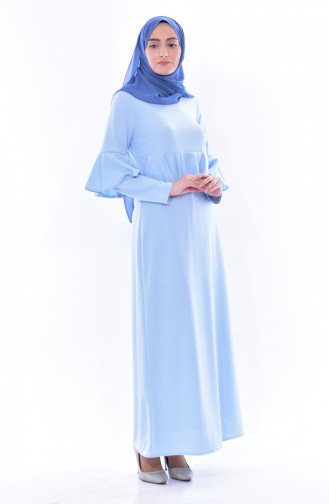 Volanlı Uzun Elbise 3465-05 Bebe Mavisi