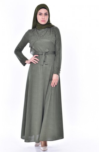 فستان بحزام خصر وتفاصيل من اللؤلؤ1176-02 لون أخضر كاكي 1176-02