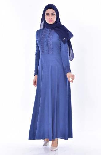Lace Belted Dress 1179-06 Indigo 1179-06