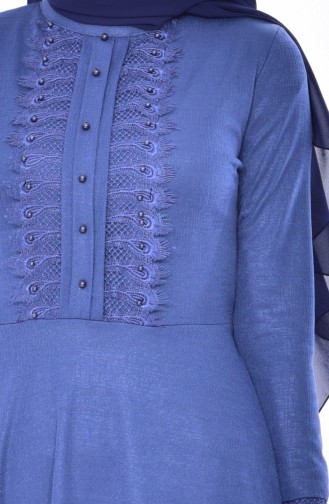 فستان بحزام خصر وتفاصيل من الدانتيل 1179-06 لون نيلي 1179-06