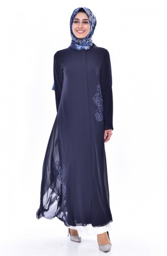 Abaya İmprimée de Pierre 35805-02 Bleu Marine 35805-02