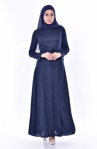 Pearls Belted Dress 1176-06 Navy Blue 1176-06