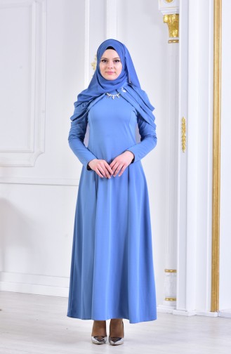 فستان سهرة بتصميم مُزين بقلادة 4463-02 لون ازرق 4463-02