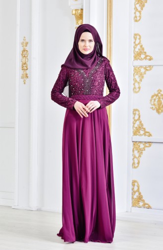 Pearls Belted Evening Dress 3291-01 Purple 3291-01
