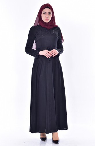 Perlen Kleid mit Gürtel 1176-07 Schwarz 1176-07