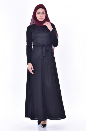 Perlen Kleid mit Gürtel 1176-07 Schwarz 1176-07