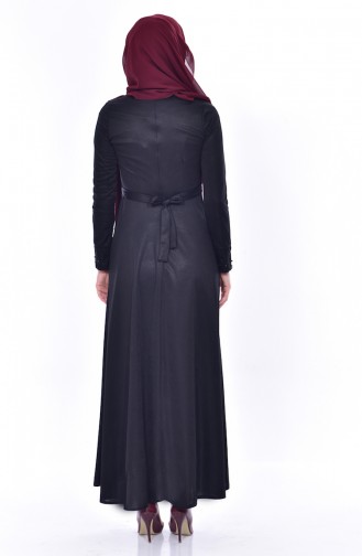 Dantelli Kuşaklı Elbise 1179-04 Siyah