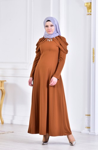 فستان سهرة بتصميم مُزين بقلادة 4463-03 لون عسلي 4463-03