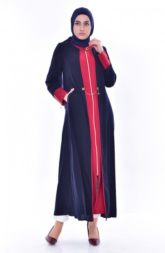 Abaya Garnie a Fermeture 3012-02 Bleu Marine Rouge 3012-02