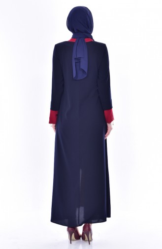 Abaya Garnie a Fermeture 3012-02 Bleu Marine Rouge 3012-02