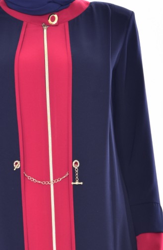 Abaya Garnie a Fermeture 3012-02 Bleu Marine Rouge 3012-02