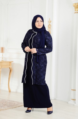 Büyük Beden Ceket Elbise Abiye İkili Takım 6135-01 Lacivert