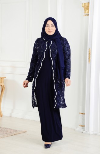 Büyük Beden Ceket Elbise Abiye İkili Takım 6135-01 Lacivert
