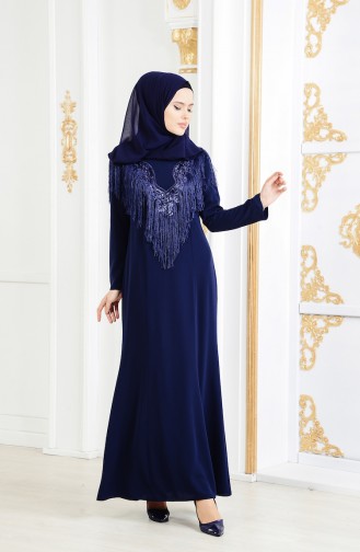 Robe de Soirée a Franges Grande Taille 4004-02 Bleu Marine 4004-02