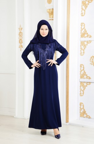 Large Size Tasseled Evening Dress 4004-02 Navy 4004-02