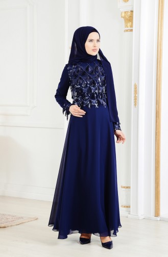 Navy Blue Hijab Evening Dress 4005-02