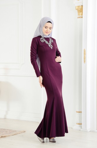 Plum Hijab Evening Dress 3473-05