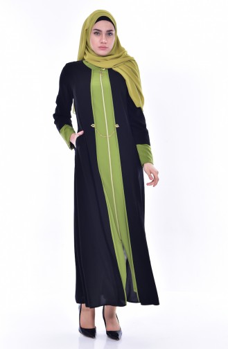 Abaya Garnie a Fermeture 3012-03 Noir Vert Pistache 3012-03