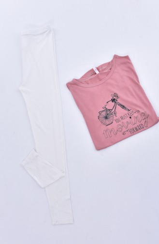 Gedruckte stilvolle Pyjama-Set mit Leggings 4136-01 Rosa Weiß 4136-01