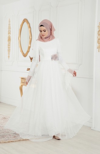 Gepunktes Abedkleid mit Gürte 11180-04 Weiß 11180-04