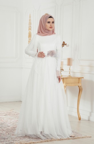 Gepunktes Abedkleid mit Gürte 11180-04 Weiß 11180-04