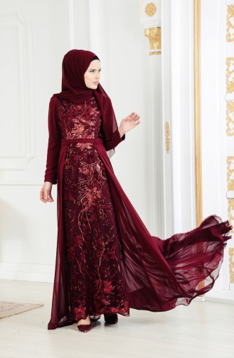 Robe de Soirée Fleur Appliqué 11165-01 Bordeaux 11165-01