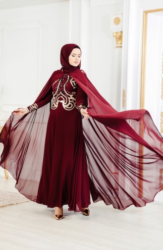 Claret Red Hijab Evening Dress 4009-03