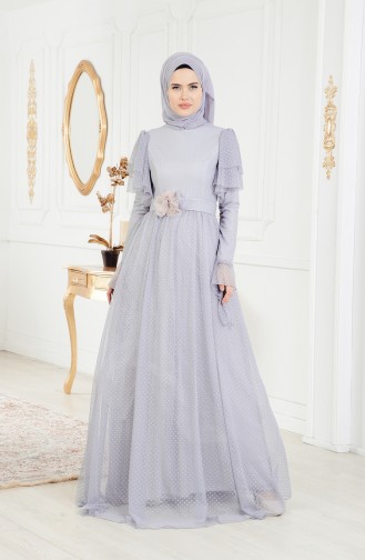 Gepunktes Abedkleid mit Gürte 11180-03 Grau 11180-03