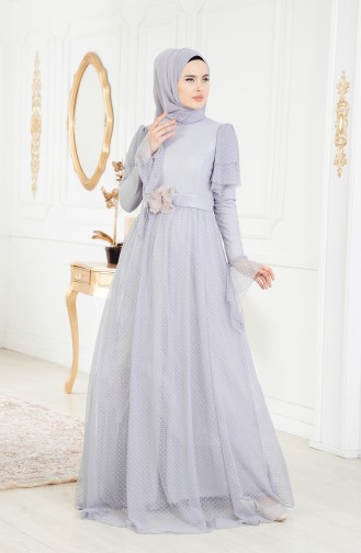 Gepunktes Abedkleid mit Gürte 11180-03 Grau 11180-03