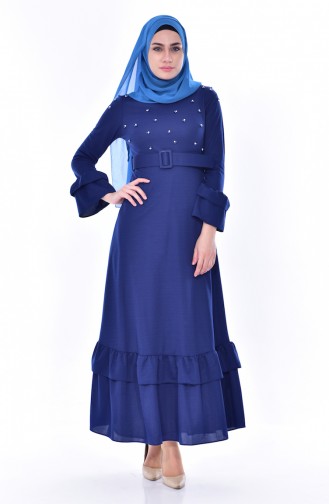 Perlen Kleid mit Gürtel 0531-02 İndigo 0531-02