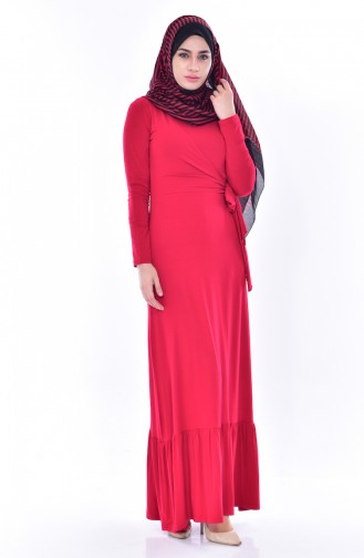 فستان مُزين بتفاصيل رباط1423 -03 لون أحمر 1423-03
