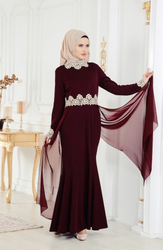 Lace Detailed Evening Dress 3469-03 Dark Bordeaux 3469-03