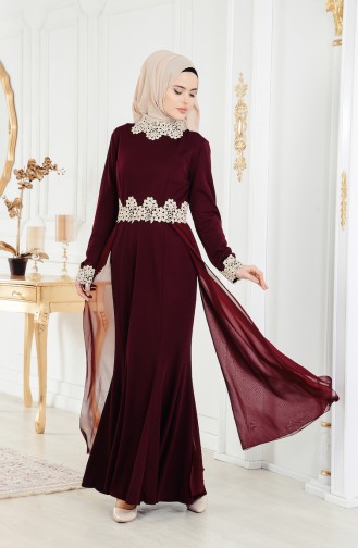 Robe de Soirée Détail Dentelle 3469-03 Bordeaux Foncé 3469-03