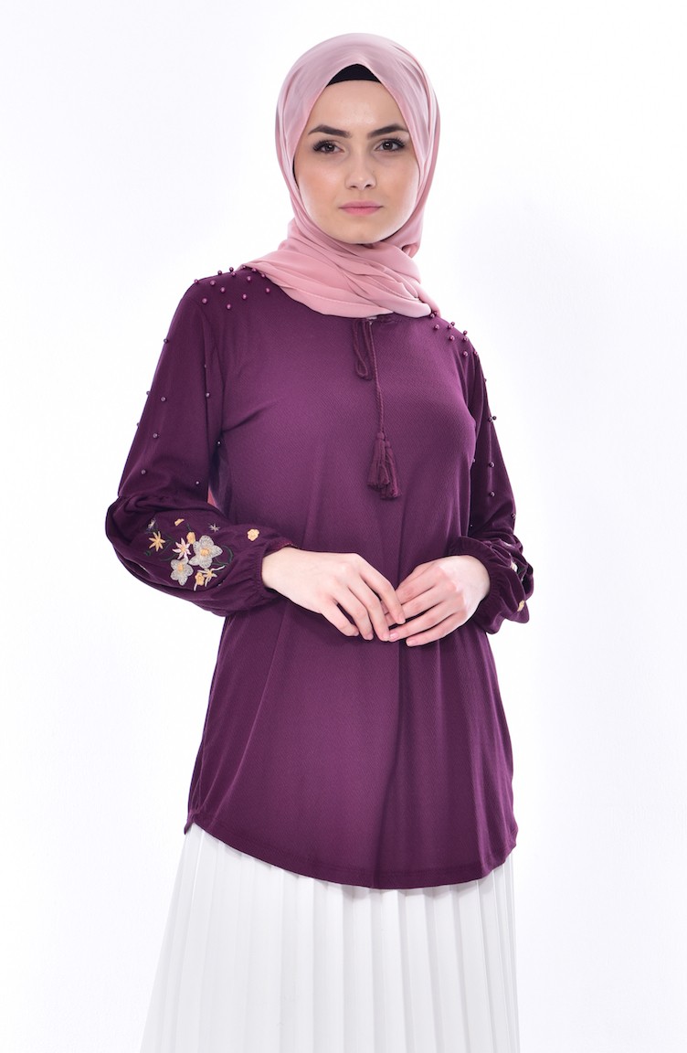 Kolu Nakışlı Bluz 1021-05 Mor