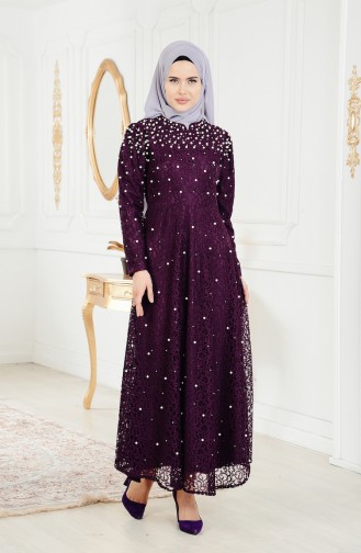 Pearl Lace Overlay Evening Dress 3130-01 Purple 3130-01