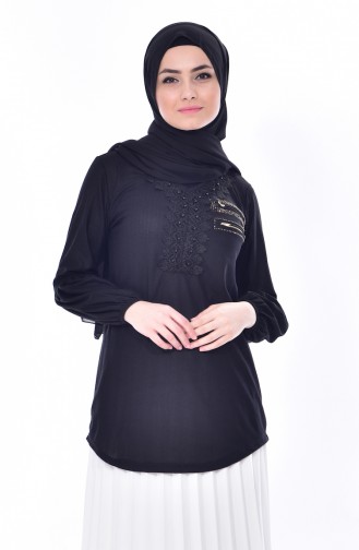 Bluse mit Spitzen 1019-03 Schwarz 1019-03