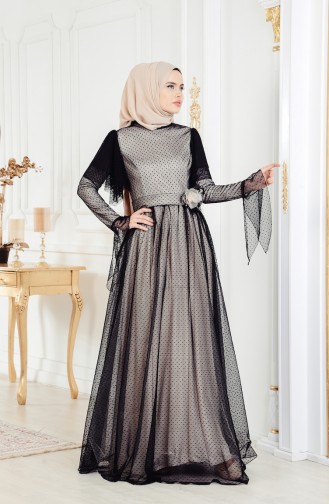 Robe de Soirée a Ceinture et Pointillée 11180-05 Noir 11180-05