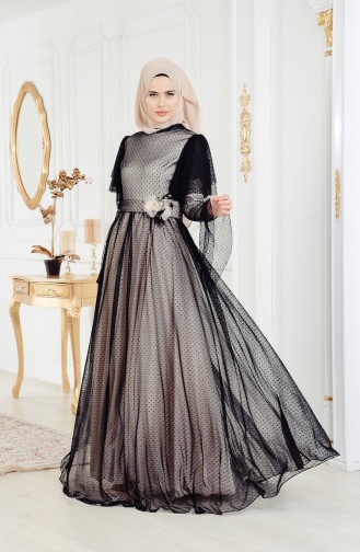 Robe de Soirée a Ceinture et Pointillée 11180-05 Noir 11180-05