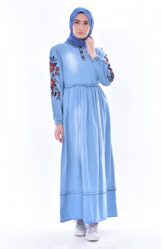 Nakışlı Kot Elbise 1196-01 Kot Mavi