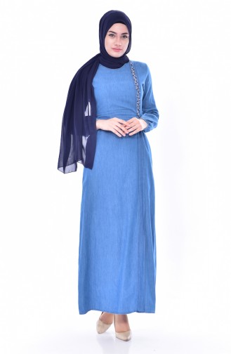 Boncuk İşlemeli Kot Elbise 3652-01 Kot Mavi