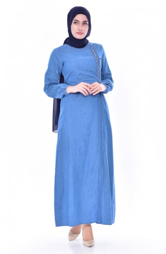 Boncuk İşlemeli Kot Elbise 3652-01 Kot Mavi
