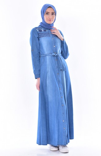 Nakışlı Kuşaklı Kot Elbise 3622A-01 Kot Mavi