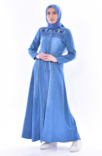 Lange Jeans Kleid mit Stickerei 3622A-01 Jeans Blau 3622A-01