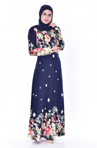 Patterned Knitted Crepe Dress 2959-01 Navy Blue 2959-01